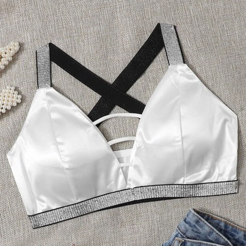White & Silver Trim Satin Bralette Crop Top Lingerie Nightwear